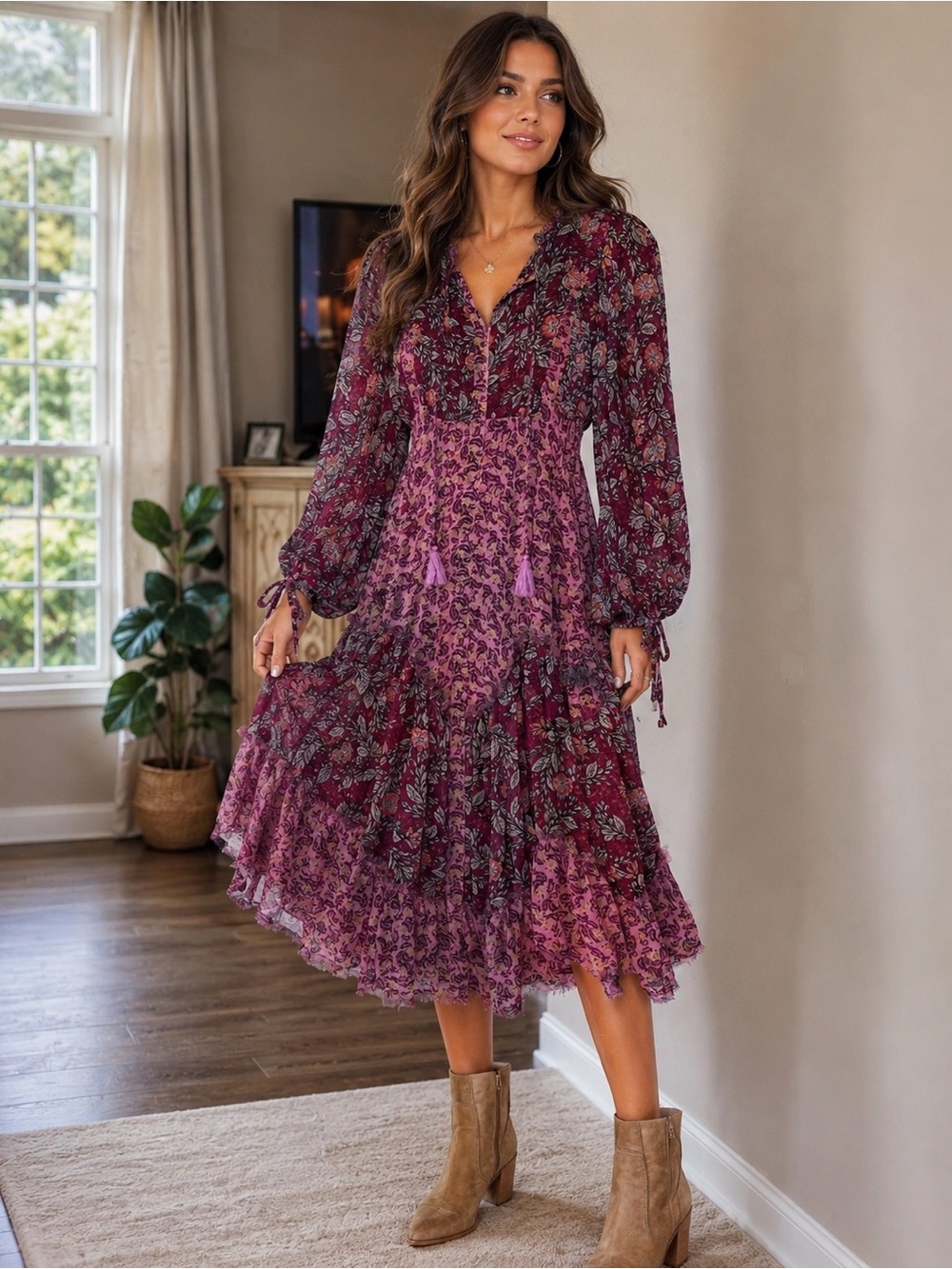 Free People Sheer Floral Boho Midi Maxi Dress Burgundy Pink Size M